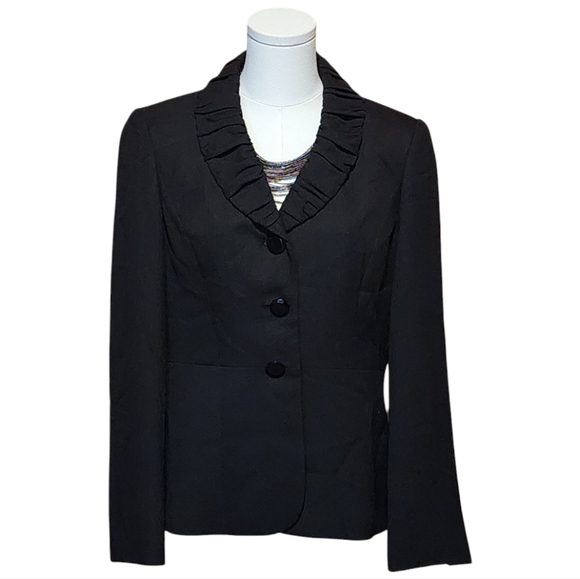Le Suit Black Ruffle Collar Blazer Jacket 3-Button Career Workwear Classic Sz 8 - Picture 1 of 9